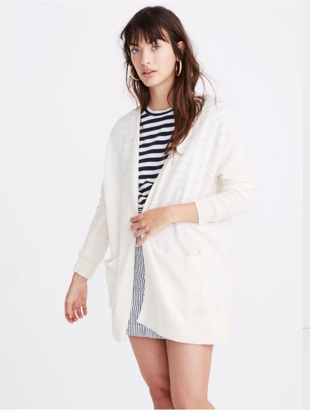 Madewell Summer Ryder Cardigan Sweater Stripe Pearl Ivory Open-Front Pocket SZ M - Picture 2 of 13